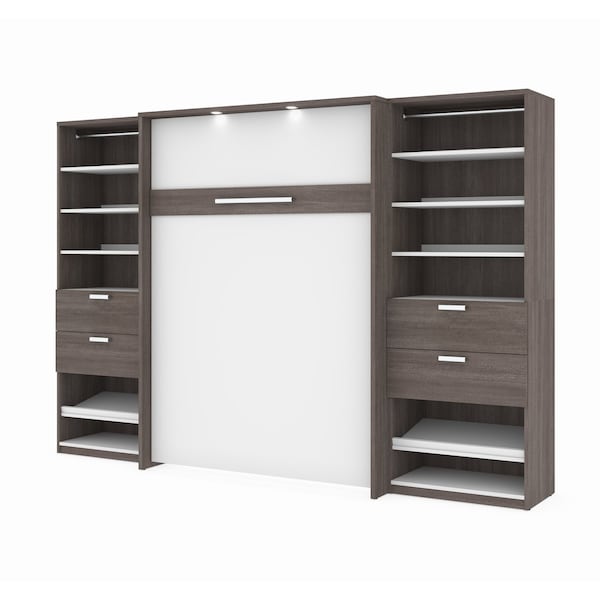 Cielo 119W Full Murphy Bed and 2 Shelving Units with Drawers (118W), Bark Grey & White